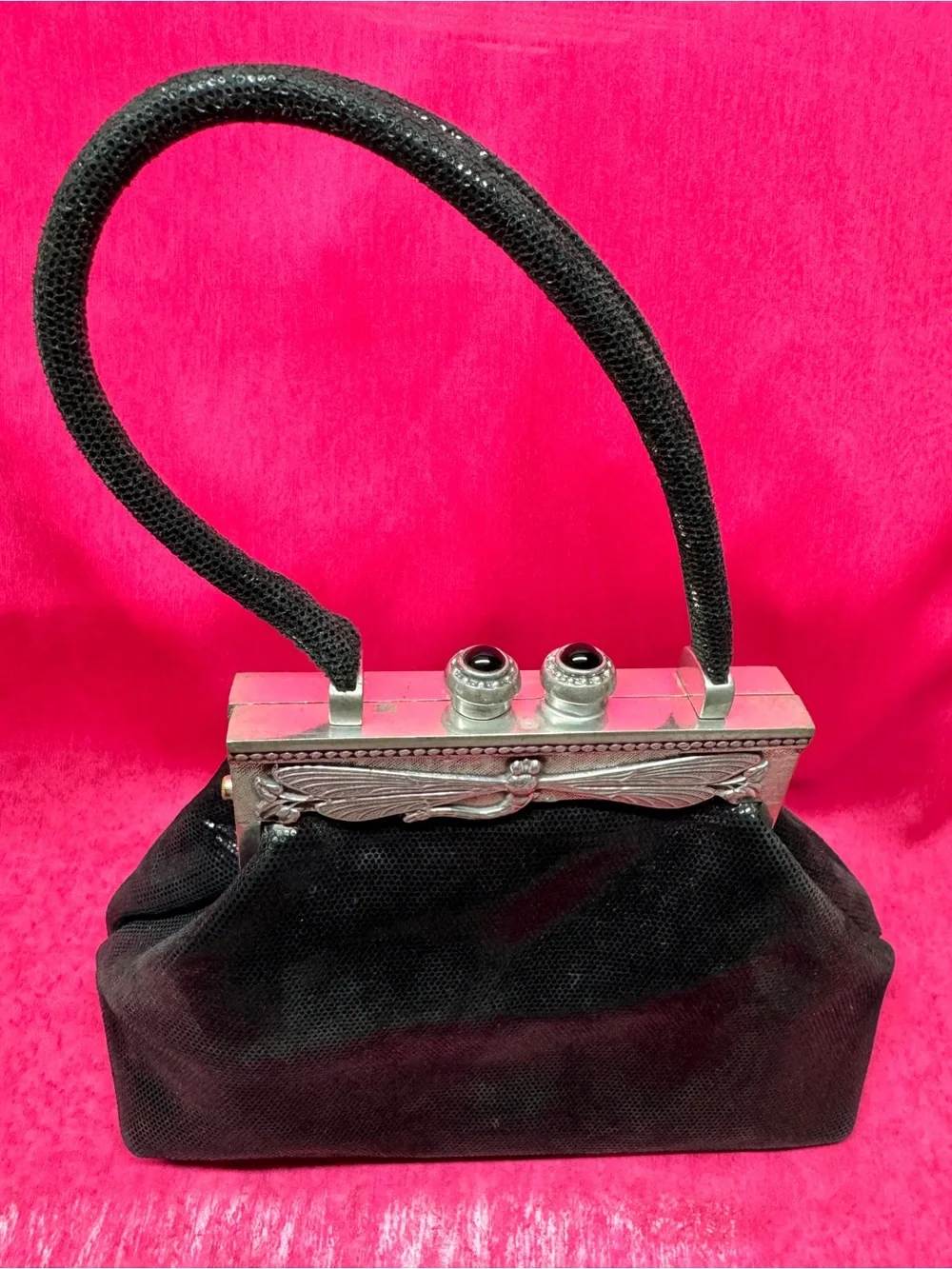 Black Evening Clutch with Decorative Silver Frame